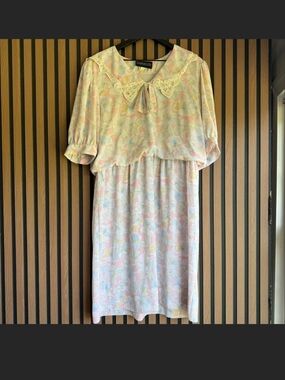 Vintage Plaza South Pastel Floral Lace-Collar Dress with Bow